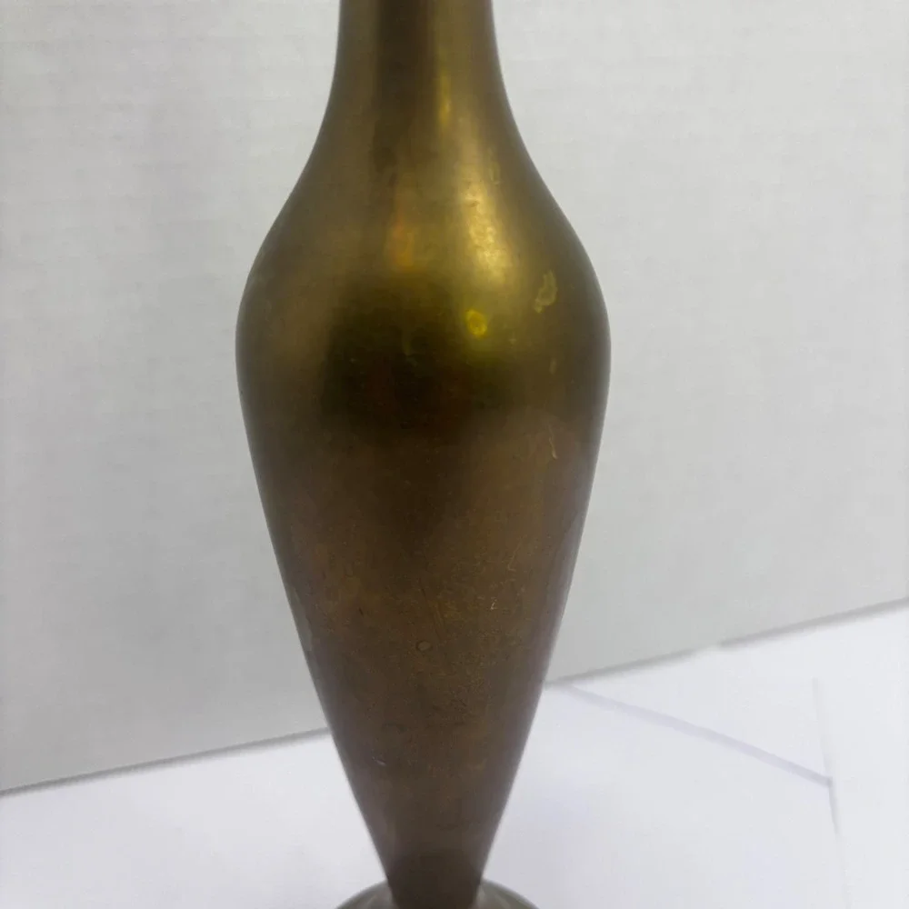 Vintage Solid‎ Brass Bud Vase Tall Slender Flared Rim Pedestal Base Aged Patina